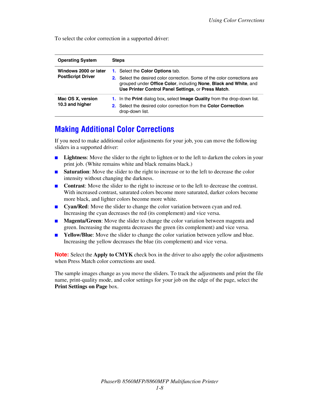 Xerox 8560MFP/8860MFP manual Making Additional Color Corrections, Mac OS X, version, Higher 