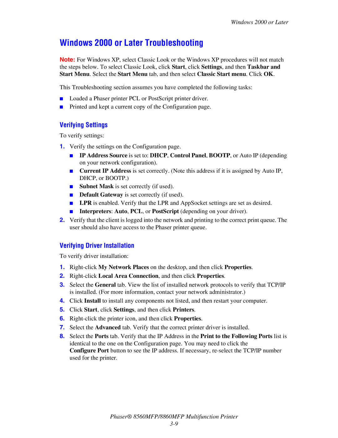 Xerox 8560MFP/8860MFP manual Windows 2000 or Later Troubleshooting, Verifying Settings, Verifying Driver Installation 