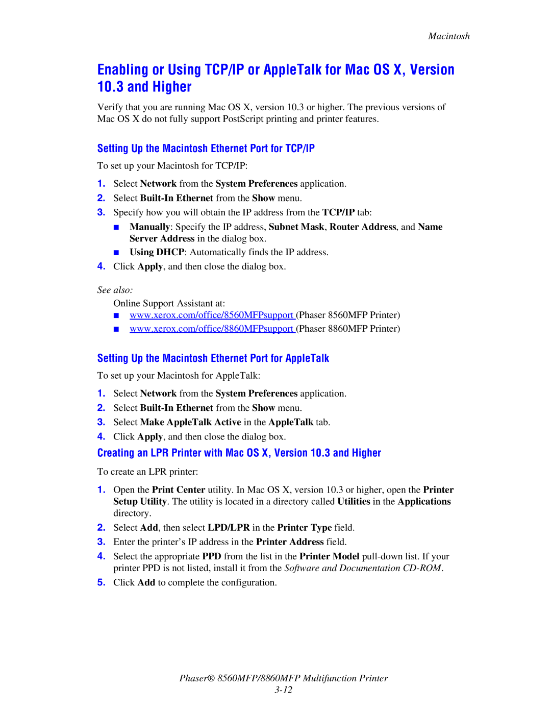 Xerox 8560MFP/8860MFP manual Setting Up the Macintosh Ethernet Port for TCP/IP 