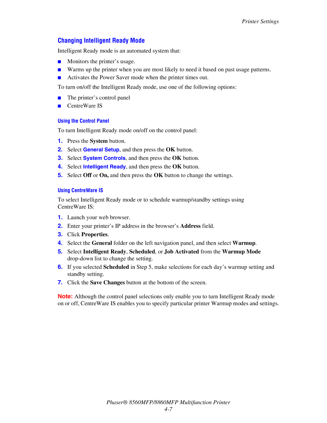 Xerox 8560MFP/8860MFP manual Changing Intelligent Ready Mode 