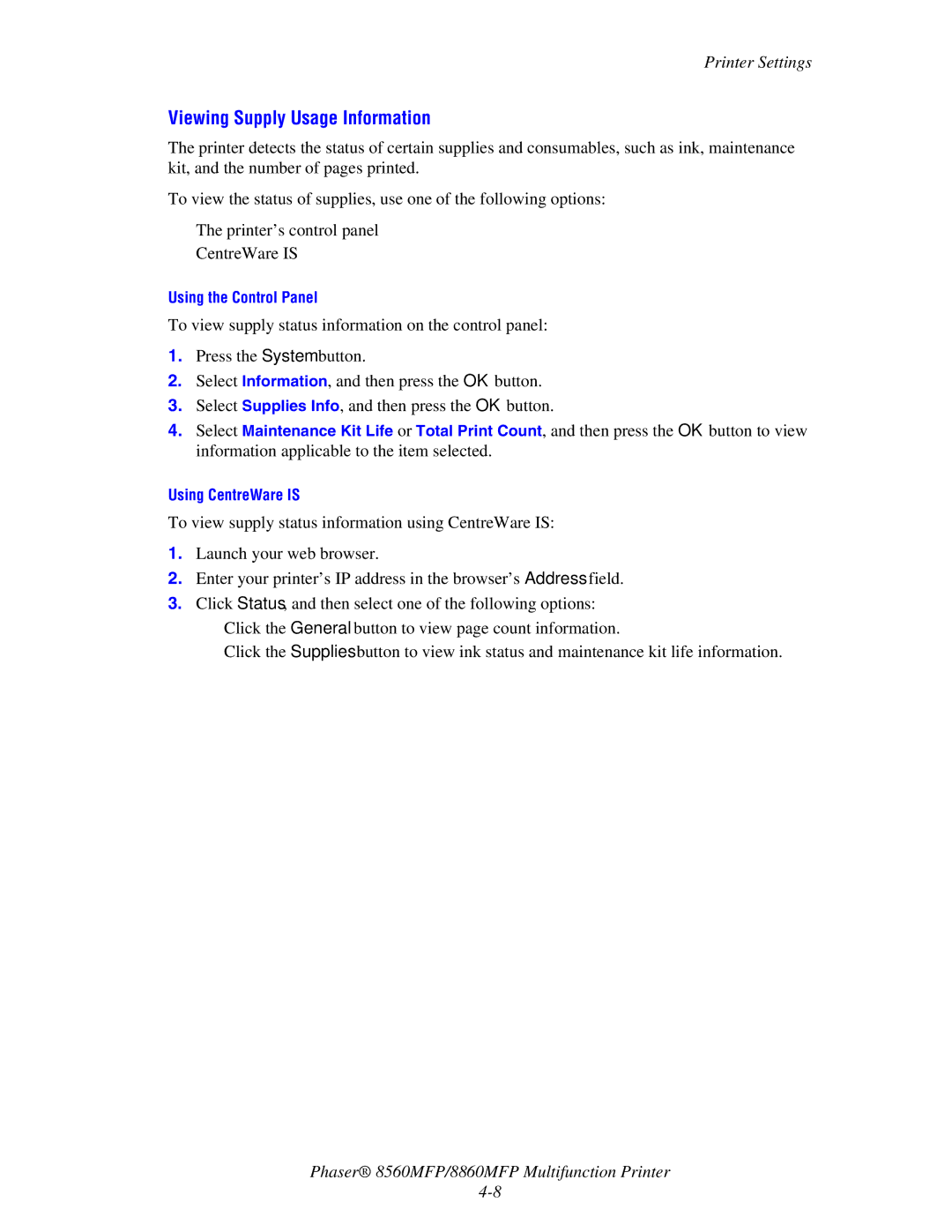 Xerox 8560MFP/8860MFP manual Viewing Supply Usage Information 