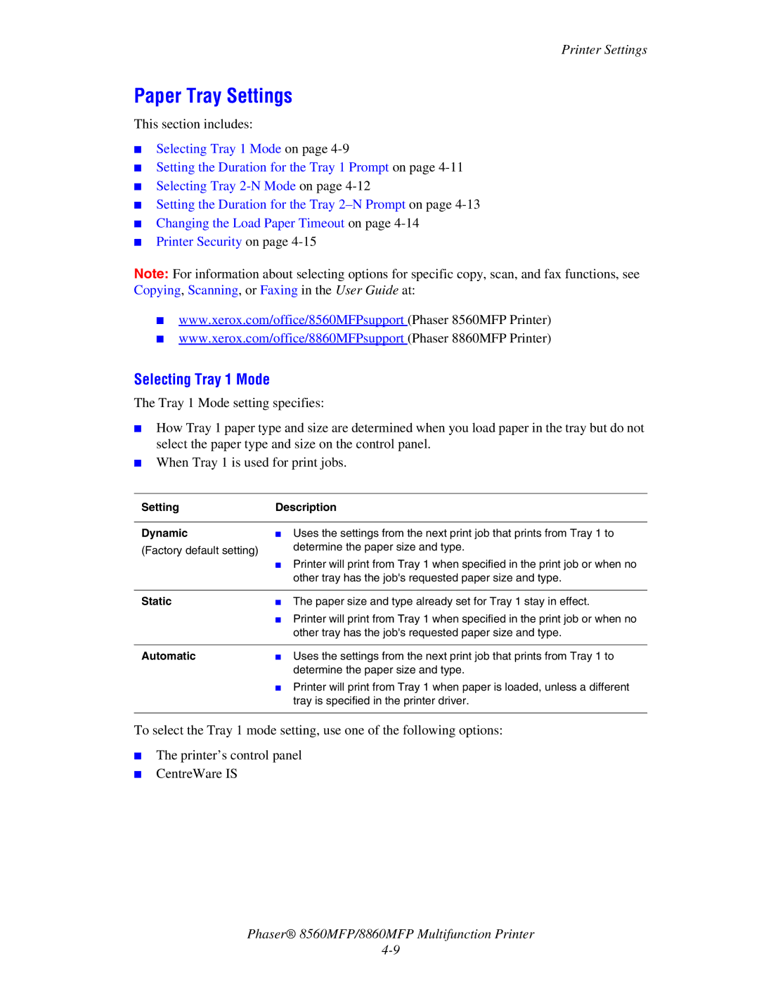 Xerox 8560MFP/8860MFP manual Paper Tray Settings, Selecting Tray 1 Mode, SettingDescription Dynamic, Static 