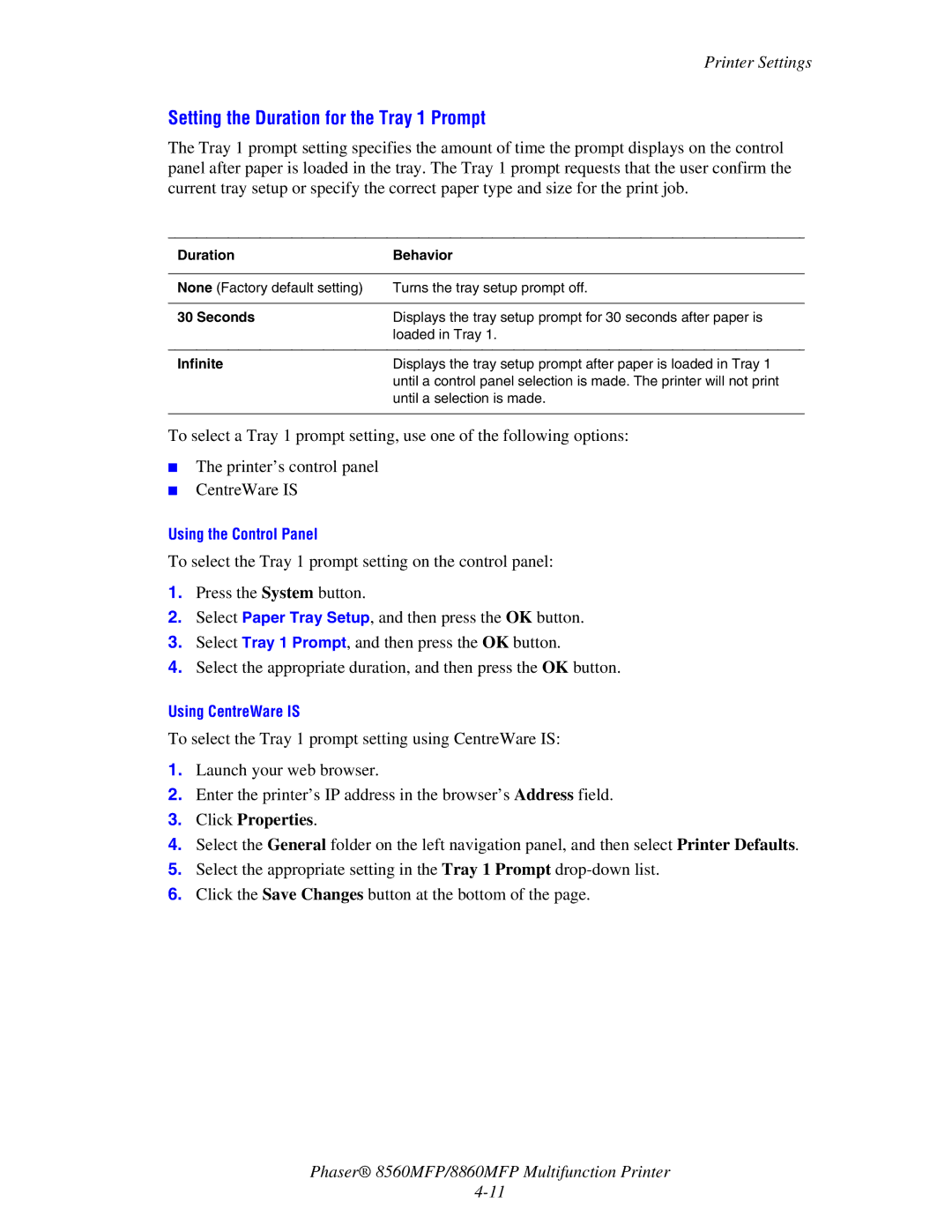 Xerox 8560MFP/8860MFP manual Setting the Duration for the Tray 1 Prompt, Duration Behavior, Seconds, Infinite 