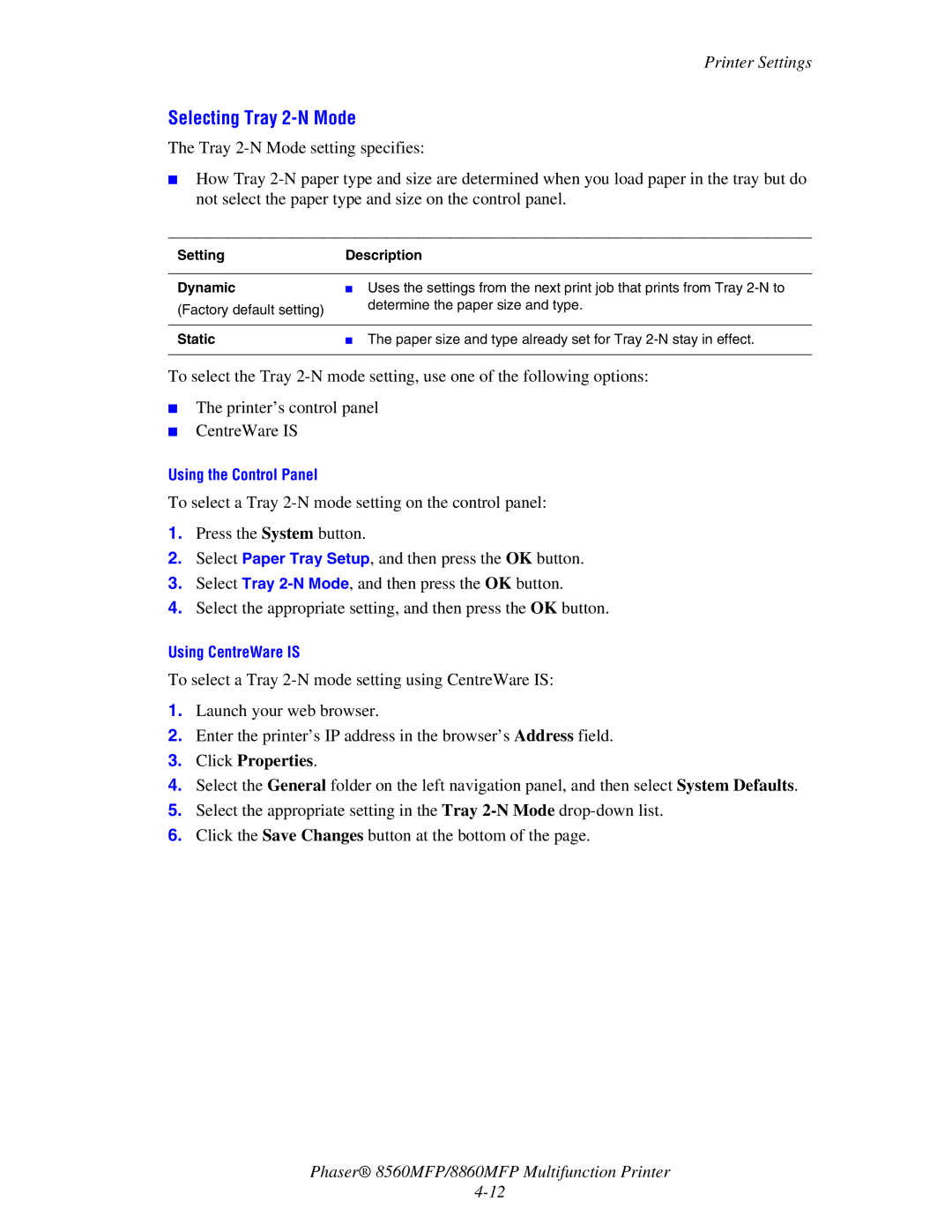 Xerox 8560MFP/8860MFP manual Selecting Tray 2-N Mode, Setting Description Dynamic 