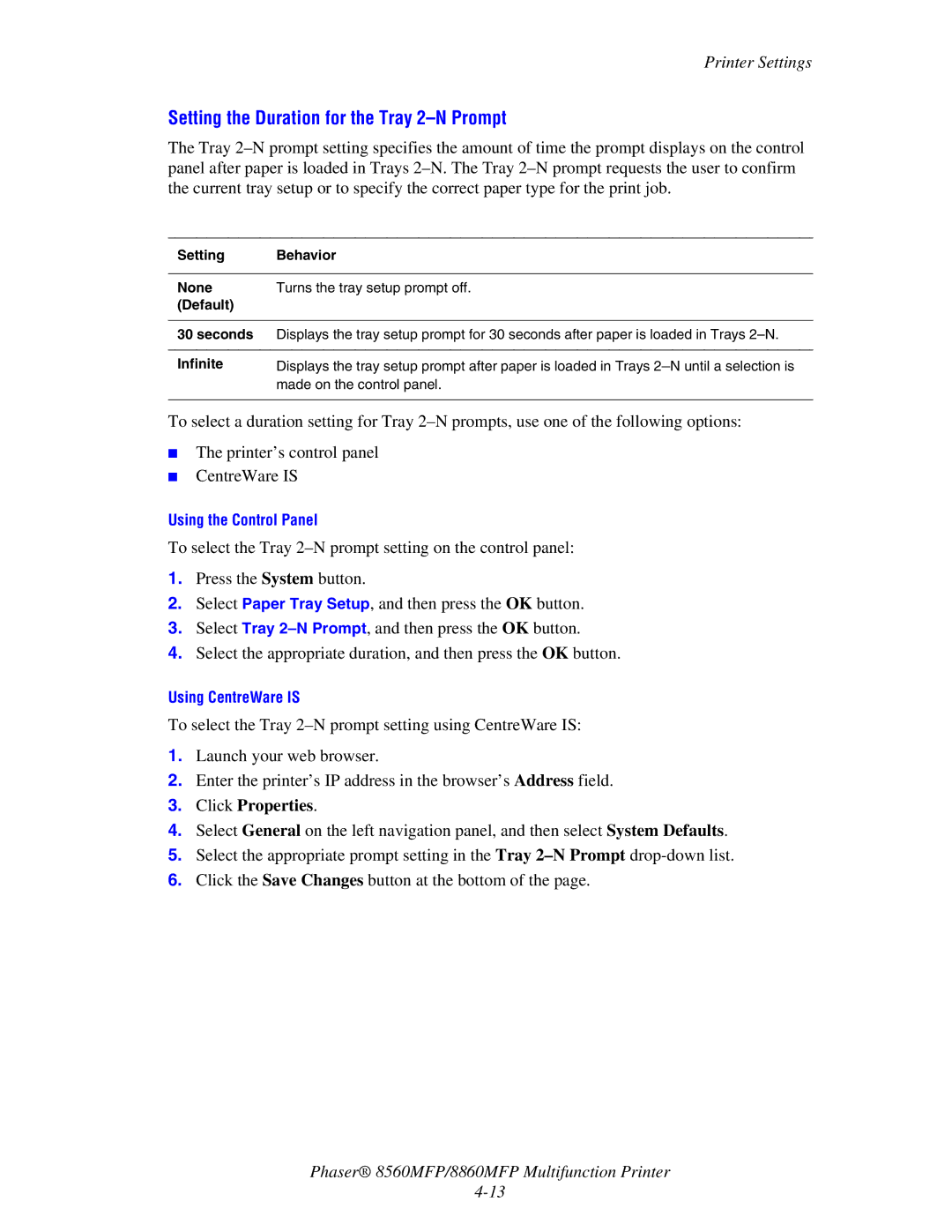 Xerox 8560MFP/8860MFP manual Setting the Duration for the Tray 2-N Prompt, Setting Behavior None, Default Seconds 