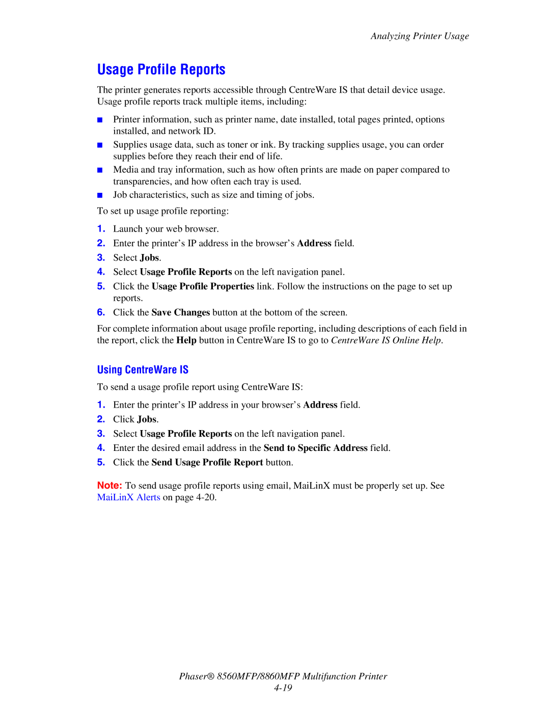 Xerox 8560MFP/8860MFP manual Usage Profile Reports 