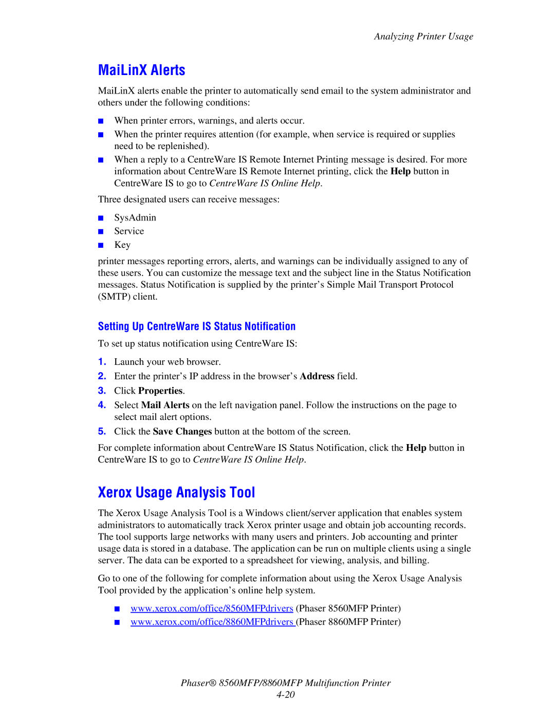 Xerox 8560MFP/8860MFP manual MaiLinX Alerts, Xerox Usage Analysis Tool, Setting Up CentreWare is Status Notification 