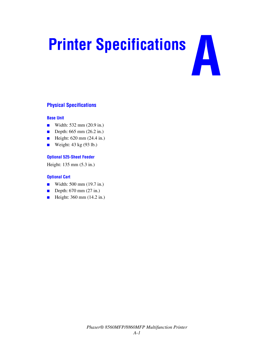 Xerox 8560MFP/8860MFP manual Printer Specifications, Physical Specifications 