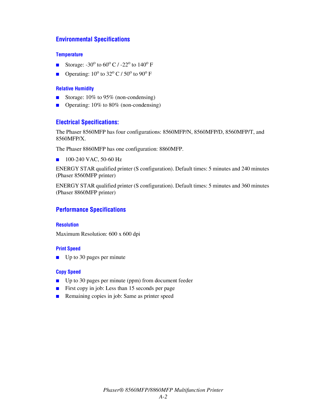 Xerox 8560MFP/8860MFP manual Environmental Specifications, Electrical Specifications, Performance Specifications 