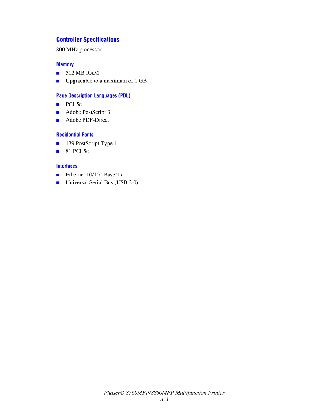 Xerox 8560MFP/8860MFP manual Controller Specifications 