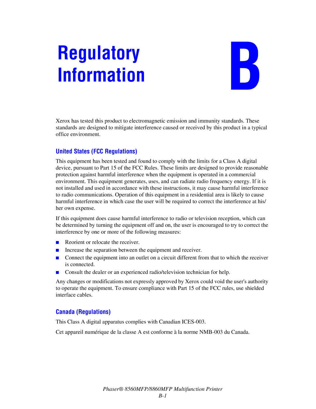 Xerox 8560MFP/8860MFP manual United States FCC Regulations, Canada Regulations 