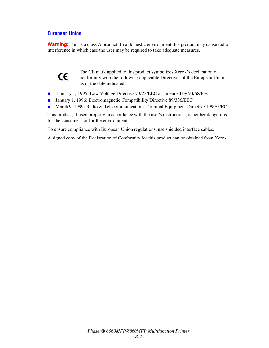 Xerox 8560MFP/8860MFP manual European Union 