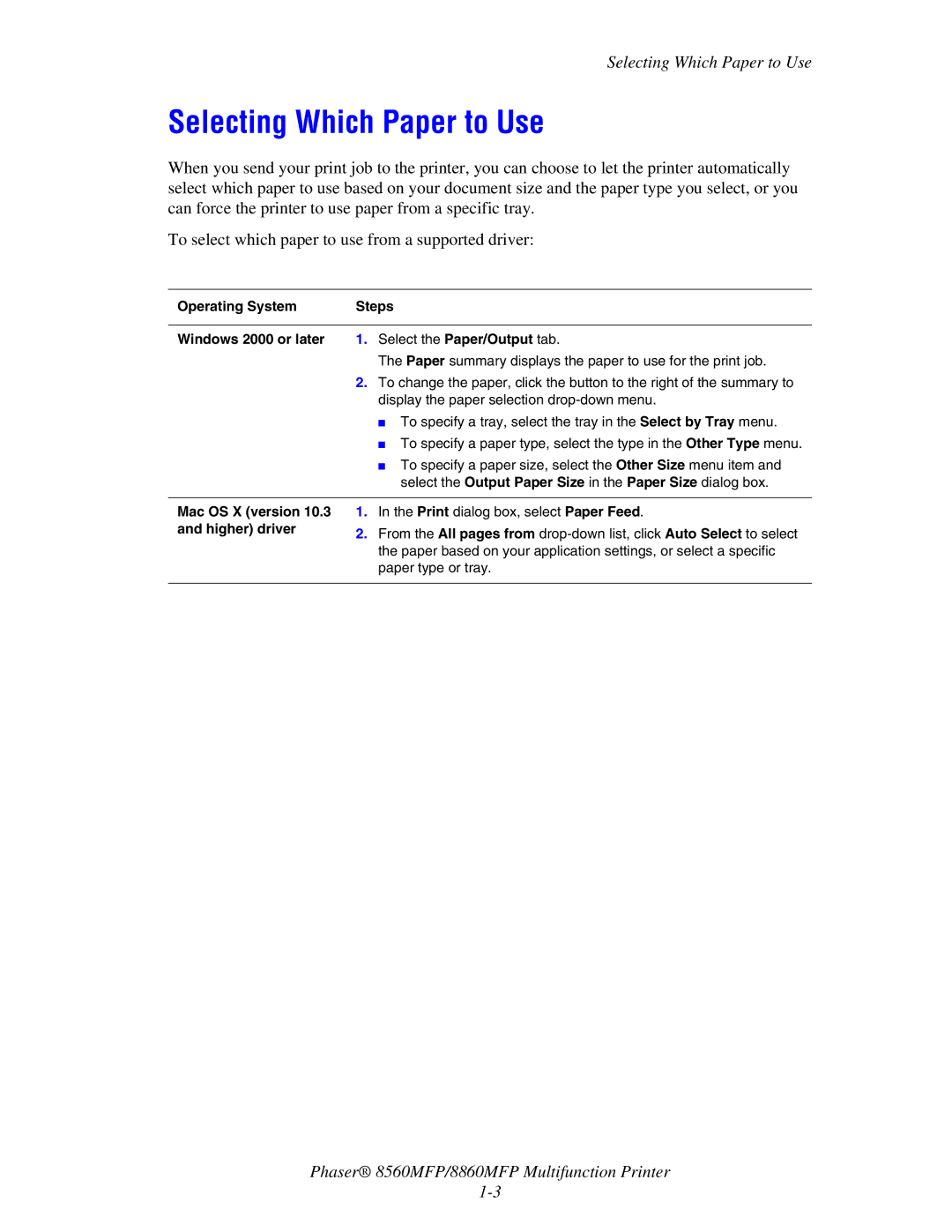 Xerox 8560MFP/8860MFP manual Selecting Which Paper to Use, Operating System Steps Windows 2000 or later, Mac OS X version 