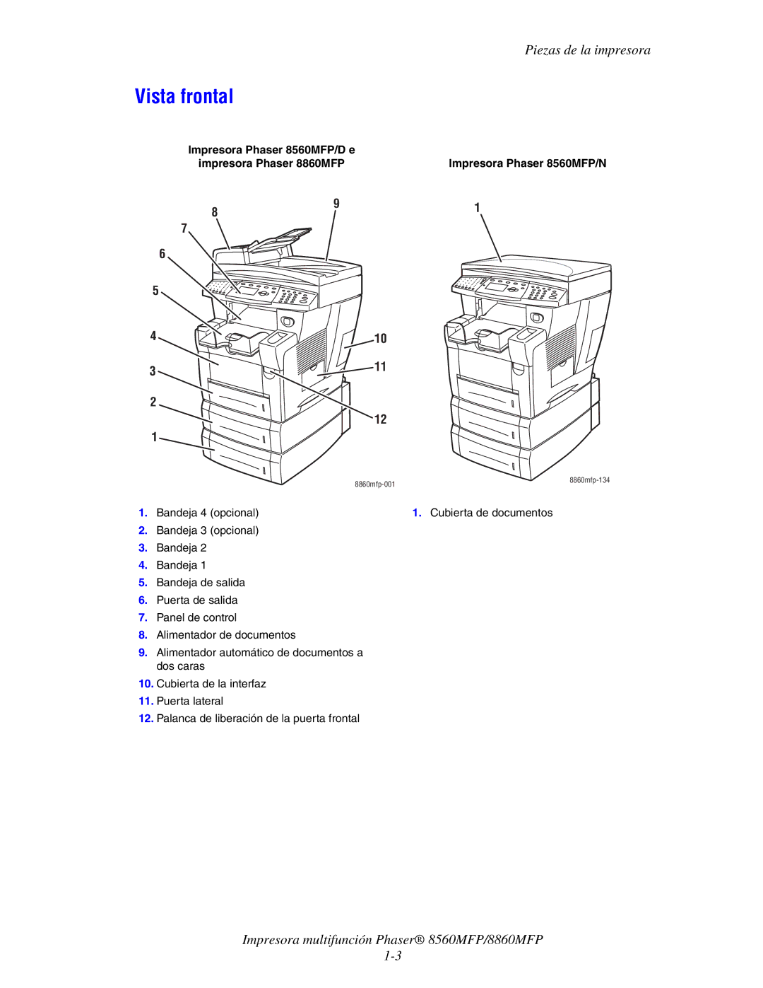 Xerox 8560MFP/8860MFP manual Vista frontal, Bandeja 4 opcional Cubierta de documentos 