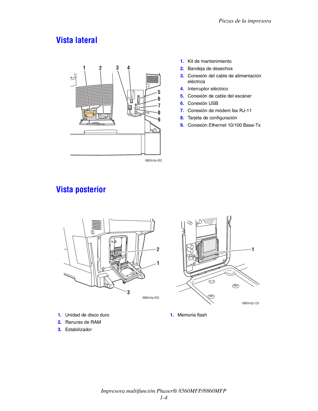 Xerox 8560MFP/8860MFP manual Vista lateral, Vista posterior 