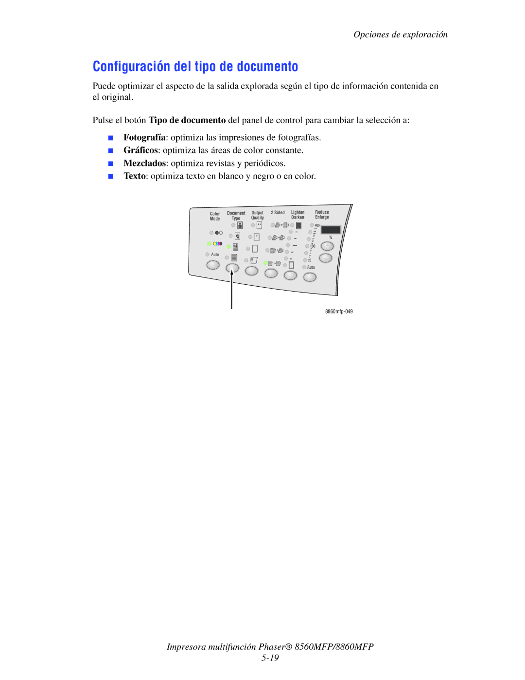 Xerox 8560MFP/8860MFP manual Configuración del tipo de documento 