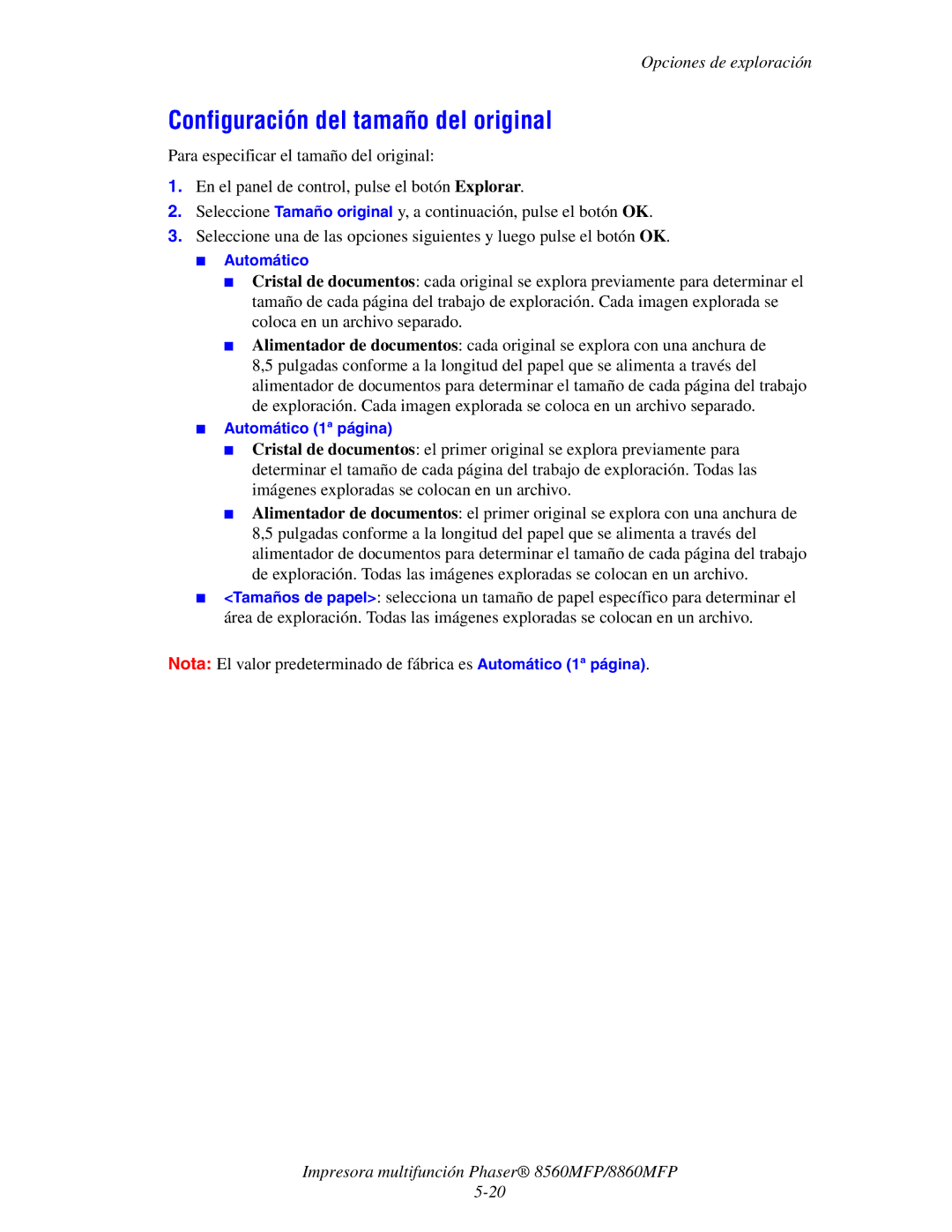 Xerox 8560MFP/8860MFP manual Configuración del tamaño del original 