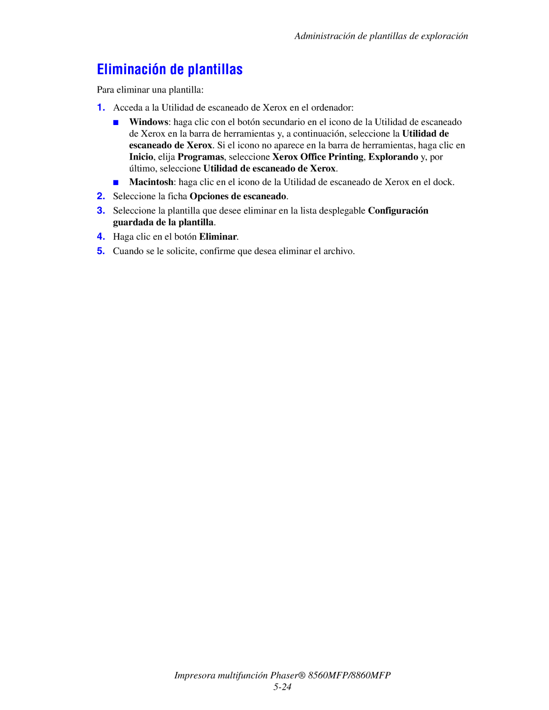 Xerox 8560MFP/8860MFP manual Eliminación de plantillas 