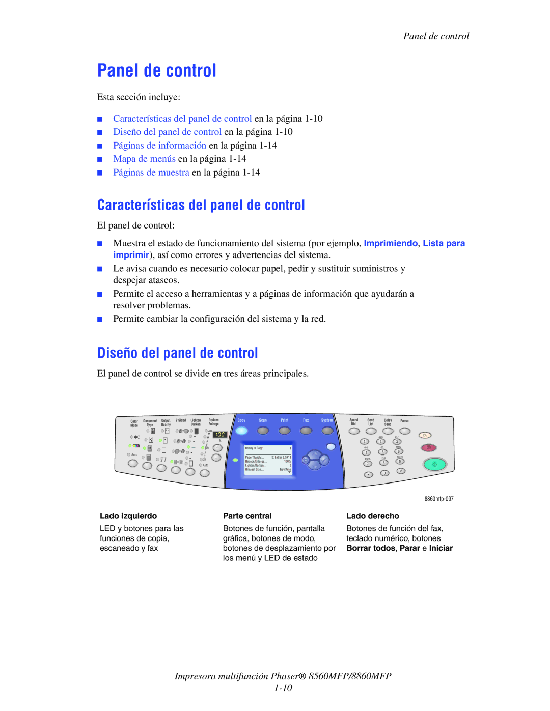 Xerox 8560MFP/8860MFP manual Panel de control, Características del panel de control, Diseño del panel de control 