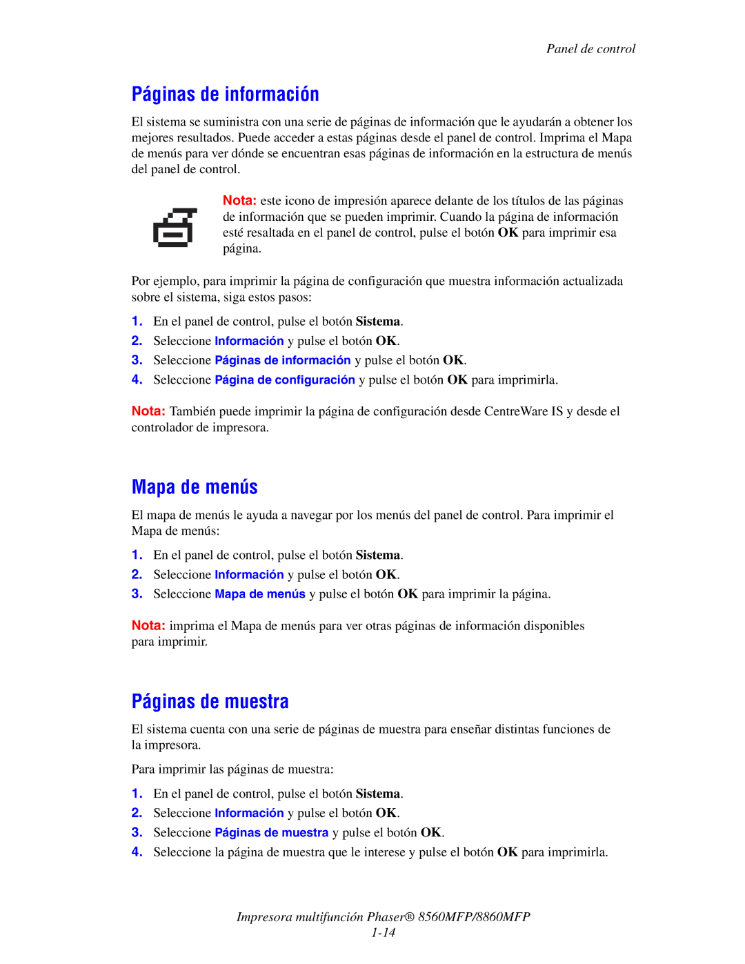 Xerox 8560MFP/8860MFP manual Páginas de información, Mapa de menús, Páginas de muestra 