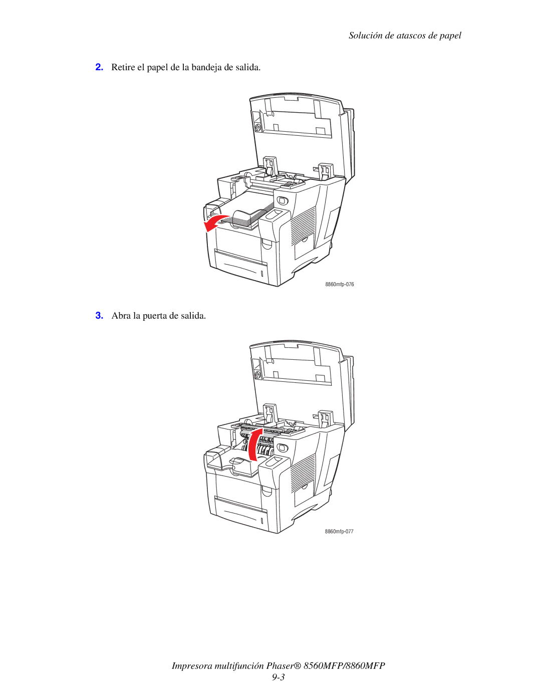 Xerox 8560MFP/8860MFP manual Retire el papel de la bandeja de salida 