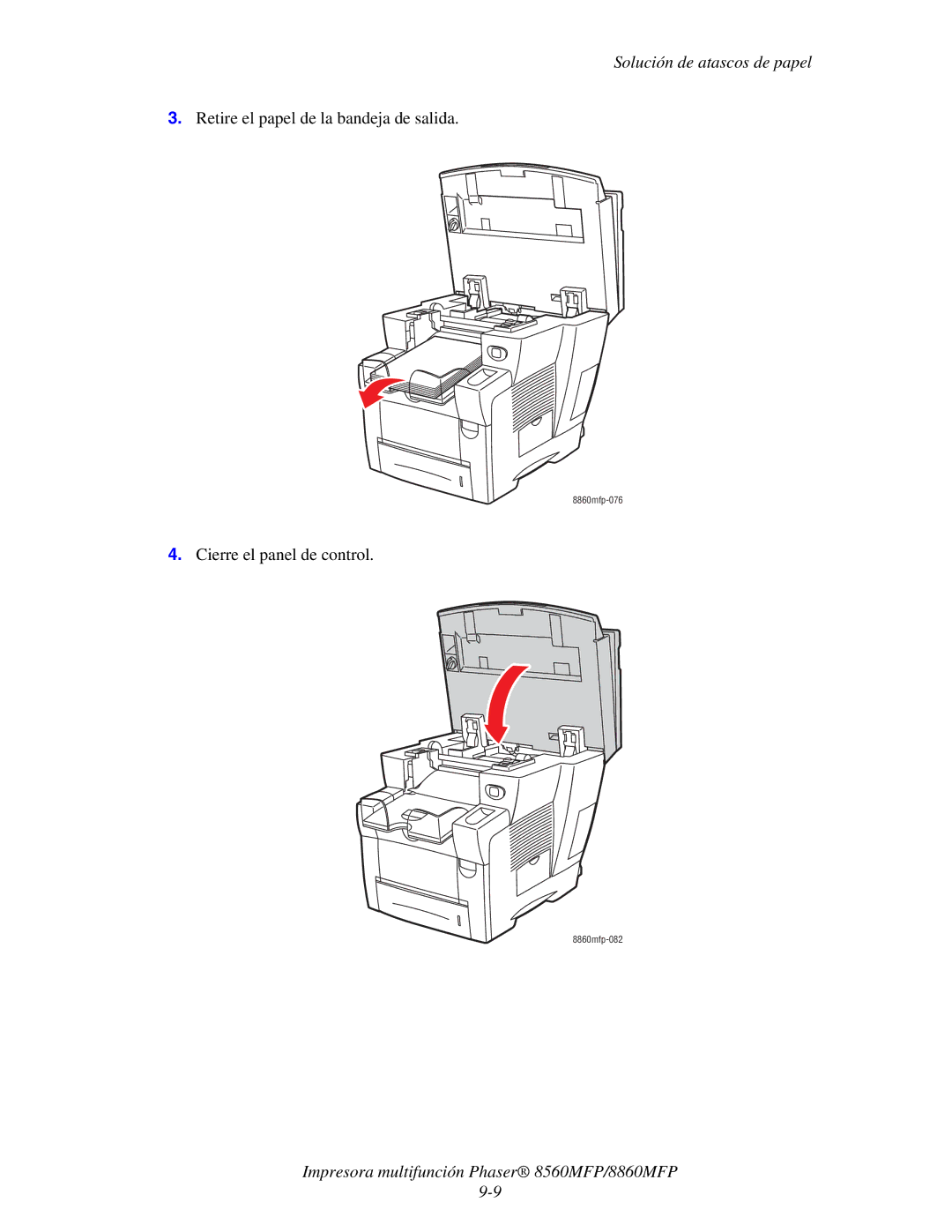 Xerox 8560MFP/8860MFP manual Retire el papel de la bandeja de salida 