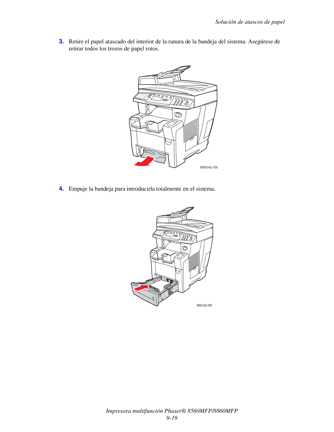 Xerox 8560MFP/8860MFP manual Empuje la bandeja para introducirla totalmente en el sistema 