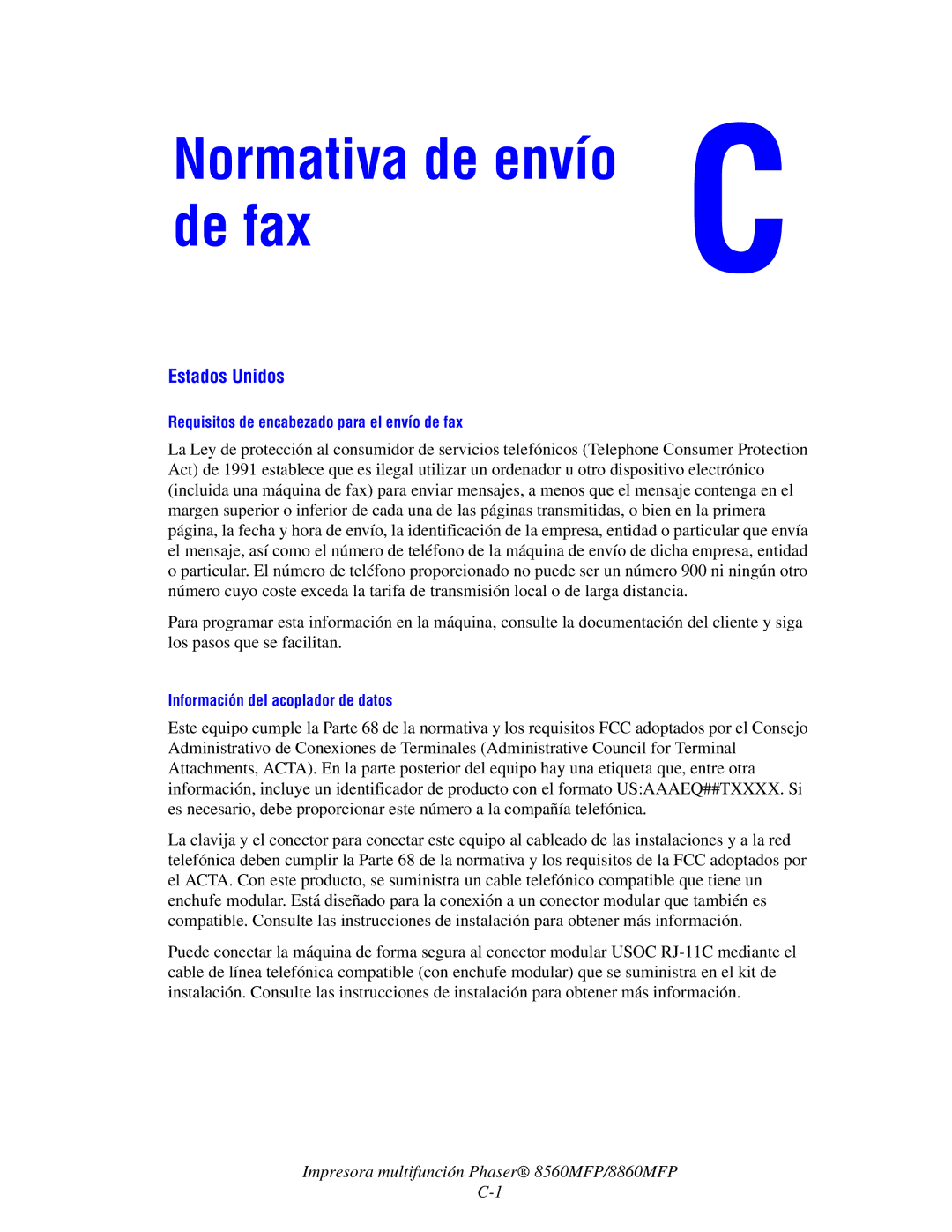 Xerox 8560MFP/8860MFP manual Normativa de envío de fax 