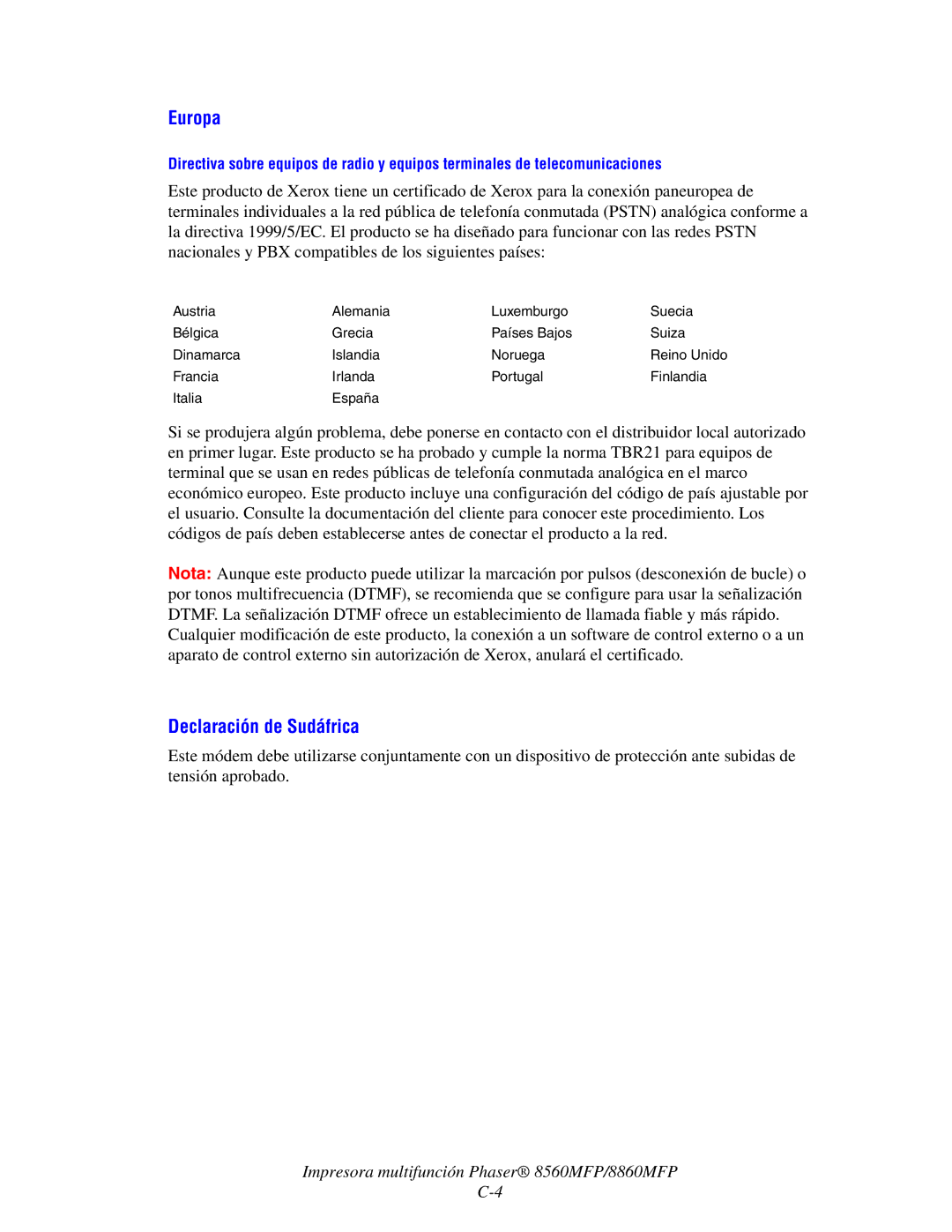 Xerox 8560MFP/8860MFP manual Europa, Declaración de Sudáfrica 