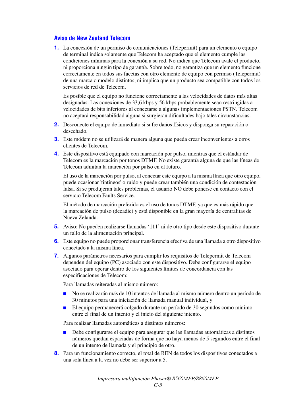 Xerox 8560MFP/8860MFP manual Aviso de New Zealand Telecom 