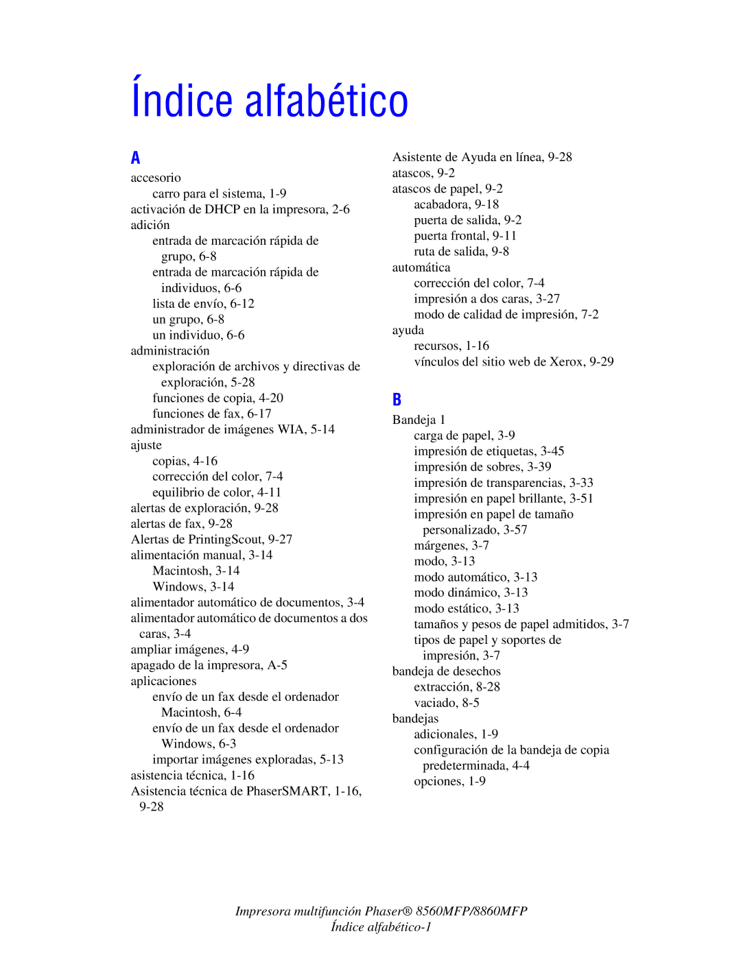 Xerox 8560MFP/8860MFP manual Índice alfabético 