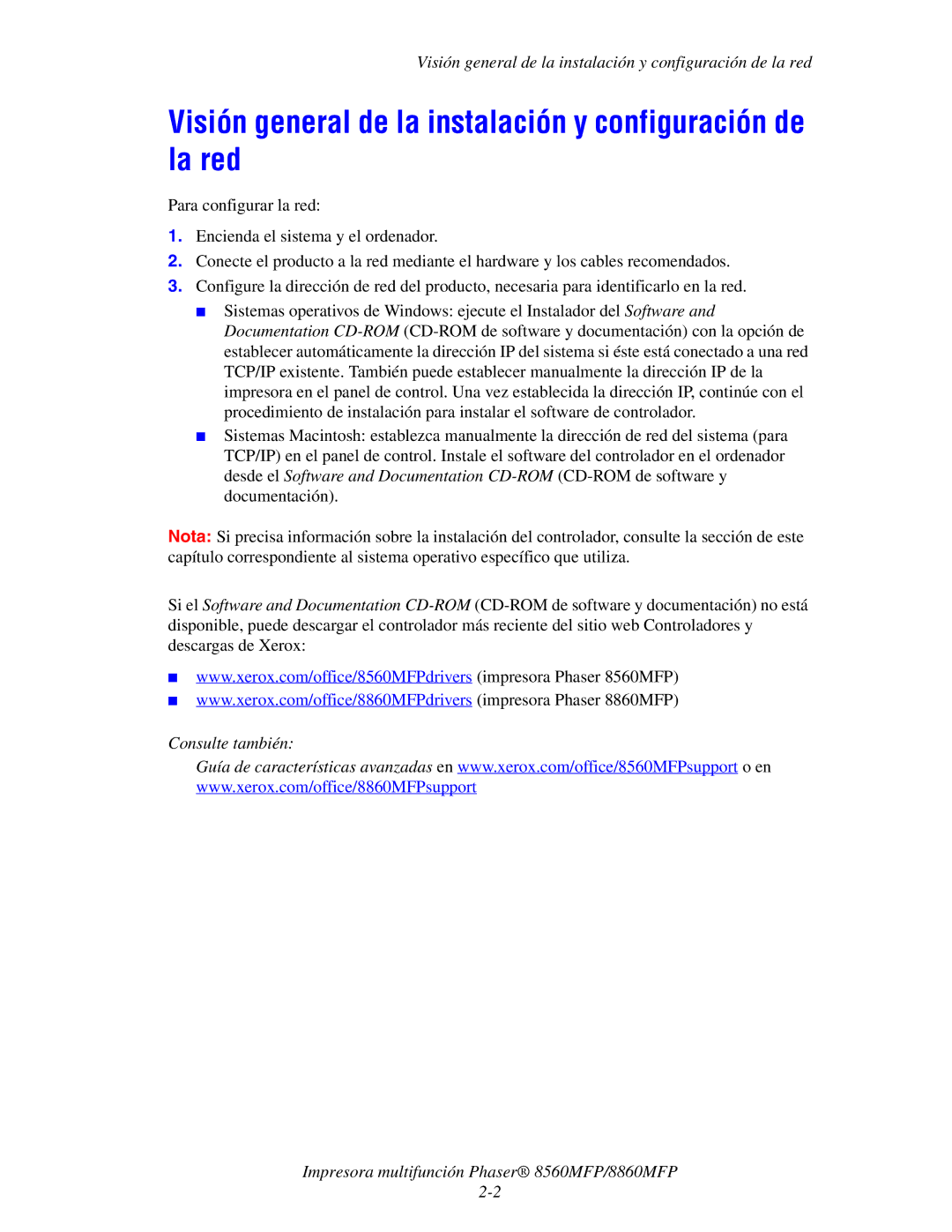 Xerox 8560MFP/8860MFP manual Visión general de la instalación y configuración de la red 