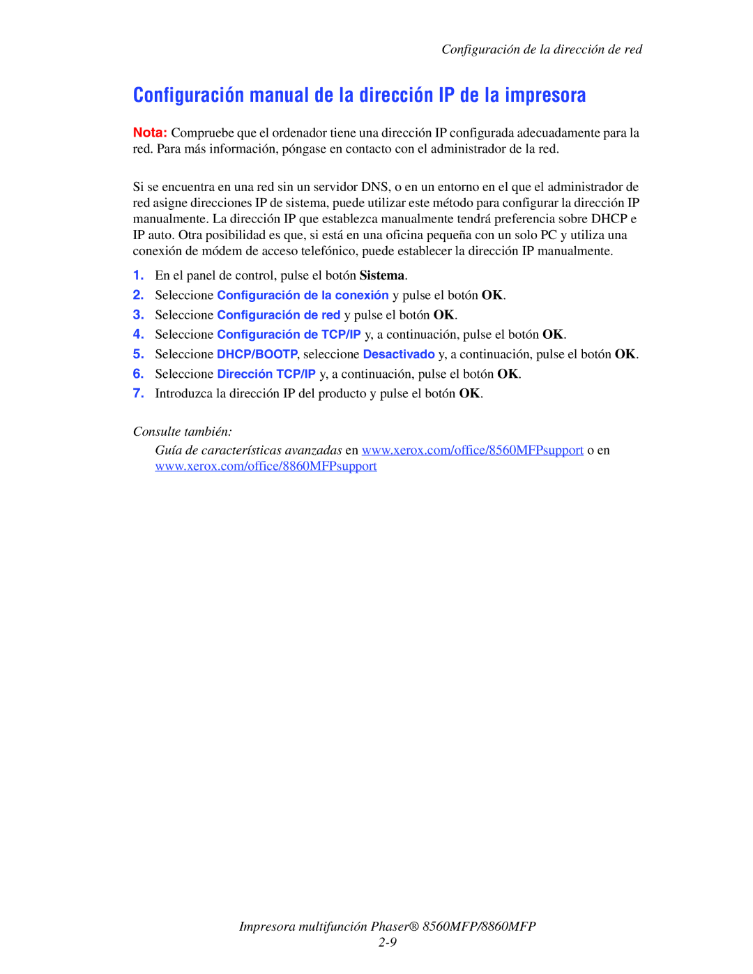 Xerox 8560MFP/8860MFP Configuración manual de la dirección IP de la impresora 