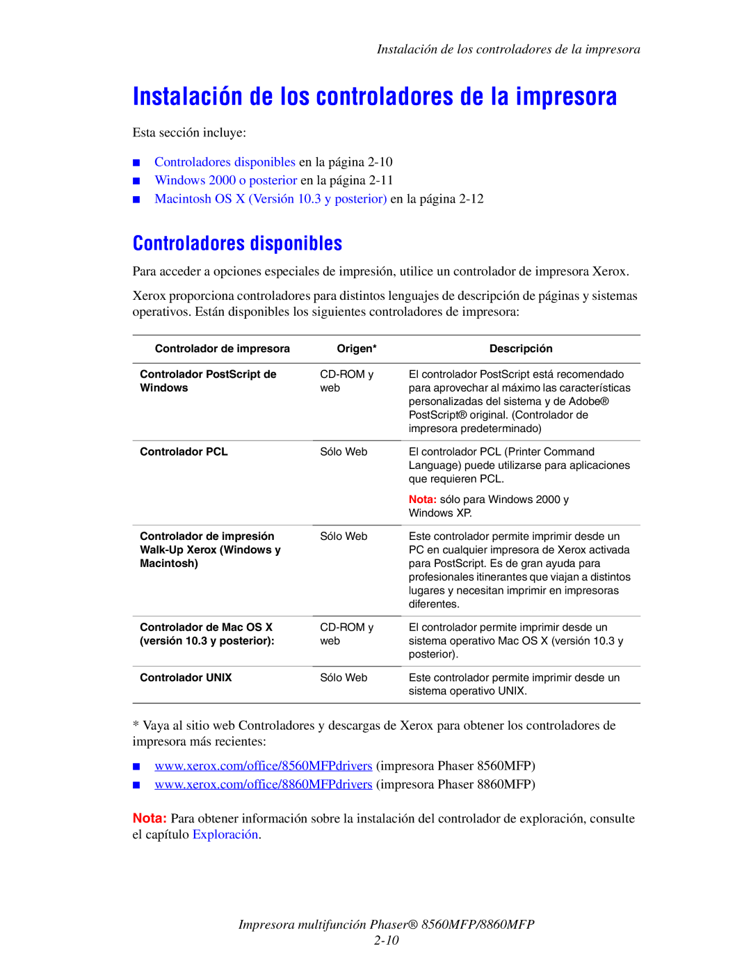 Xerox 8560MFP/8860MFP manual Instalación de los controladores de la impresora, Controladores disponibles 