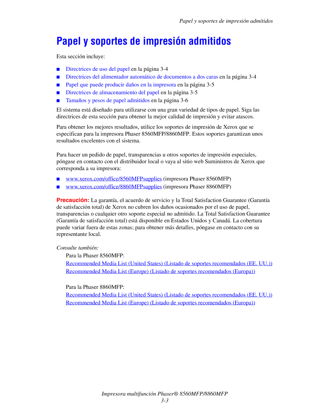 Xerox 8560MFP/8860MFP manual Papel y soportes de impresión admitidos 