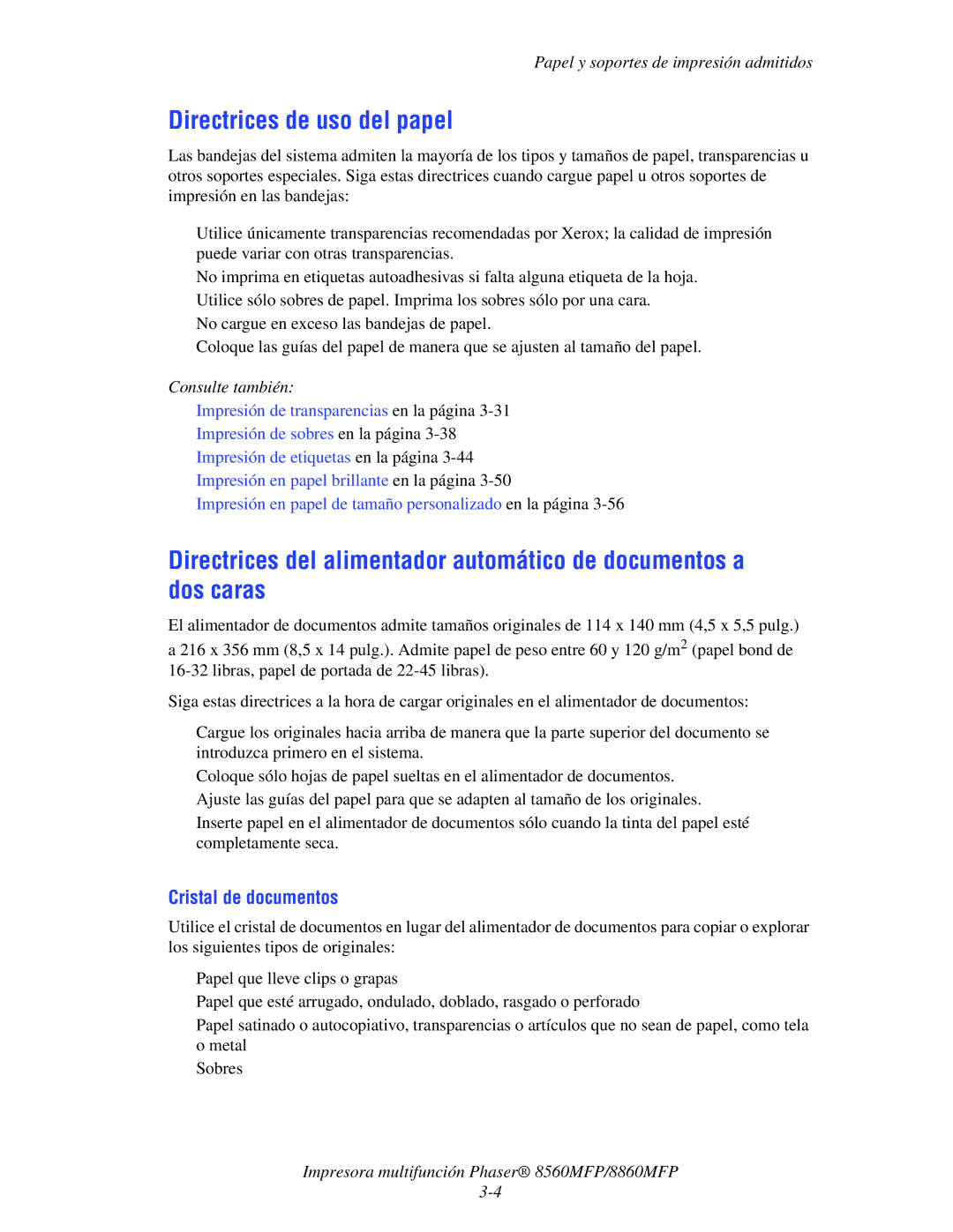 Xerox 8560MFP/8860MFP manual Directrices de uso del papel, Cristal de documentos 