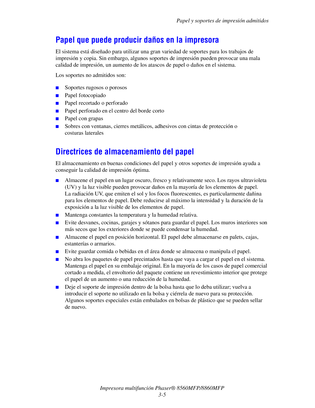 Xerox 8560MFP/8860MFP manual Papel que puede producir daños en la impresora, Directrices de almacenamiento del papel 