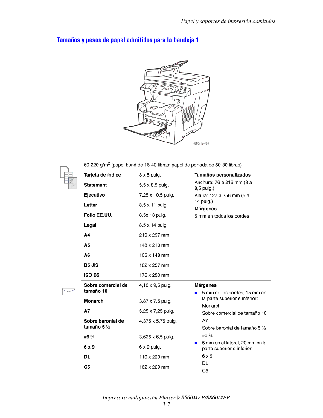 Xerox 8560MFP/8860MFP manual Tamaños y pesos de papel admitidos para la bandeja 