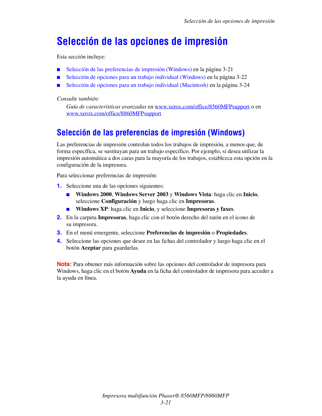 Xerox 8560MFP/8860MFP manual Selección de las opciones de impresión, Selección de las preferencias de impresión Windows 