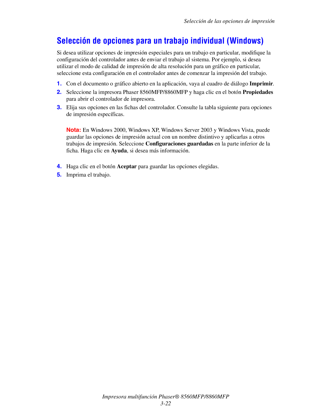 Xerox 8560MFP/8860MFP manual Selección de opciones para un trabajo individual Windows 