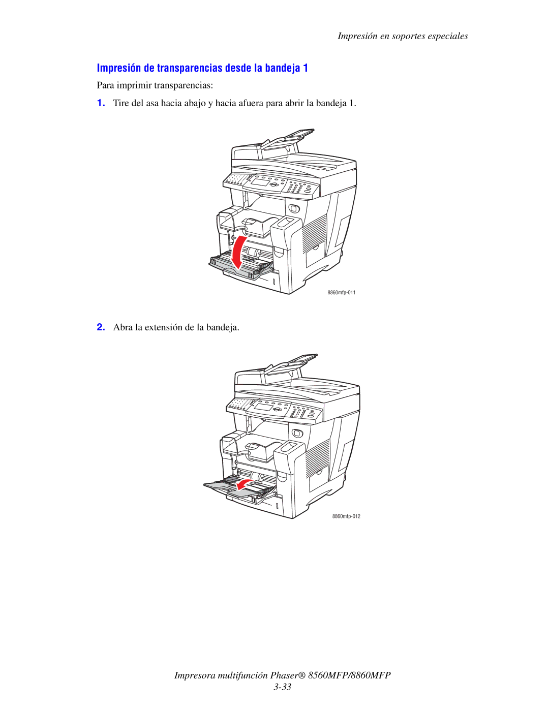 Xerox 8560MFP/8860MFP manual Impresión de transparencias desde la bandeja 