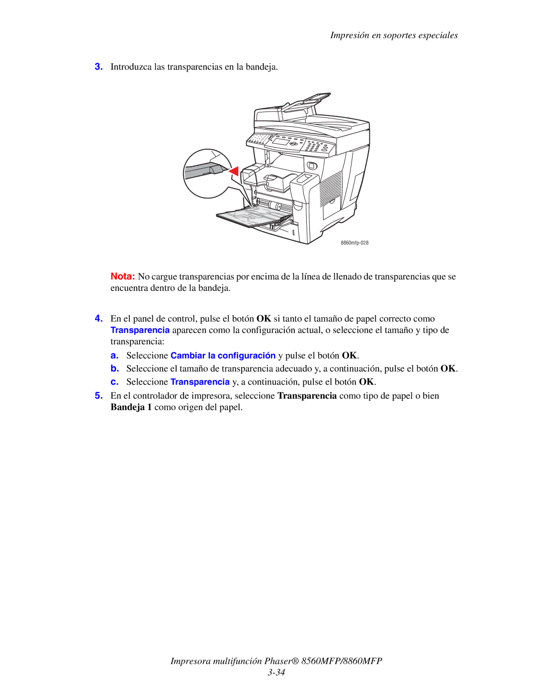 Xerox 8560MFP/8860MFP manual Introduzca las transparencias en la bandeja 