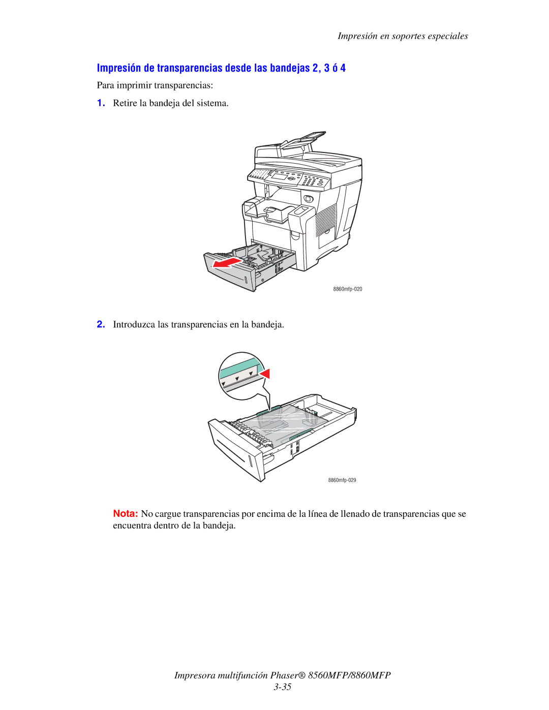 Xerox 8560MFP/8860MFP manual Impresión de transparencias desde las bandejas 2, 3 ó 