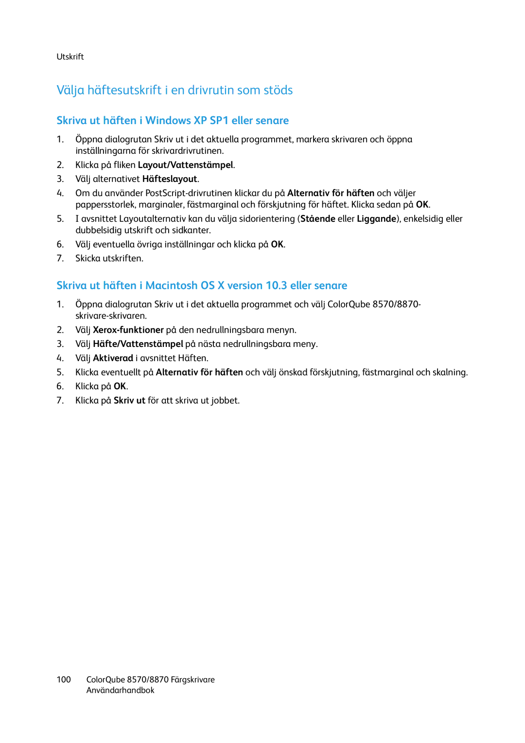Xerox 8570 / 8870 manual Välja häftesutskrift i en drivrutin som stöds, Skriva ut häften i Windows XP SP1 eller senare 