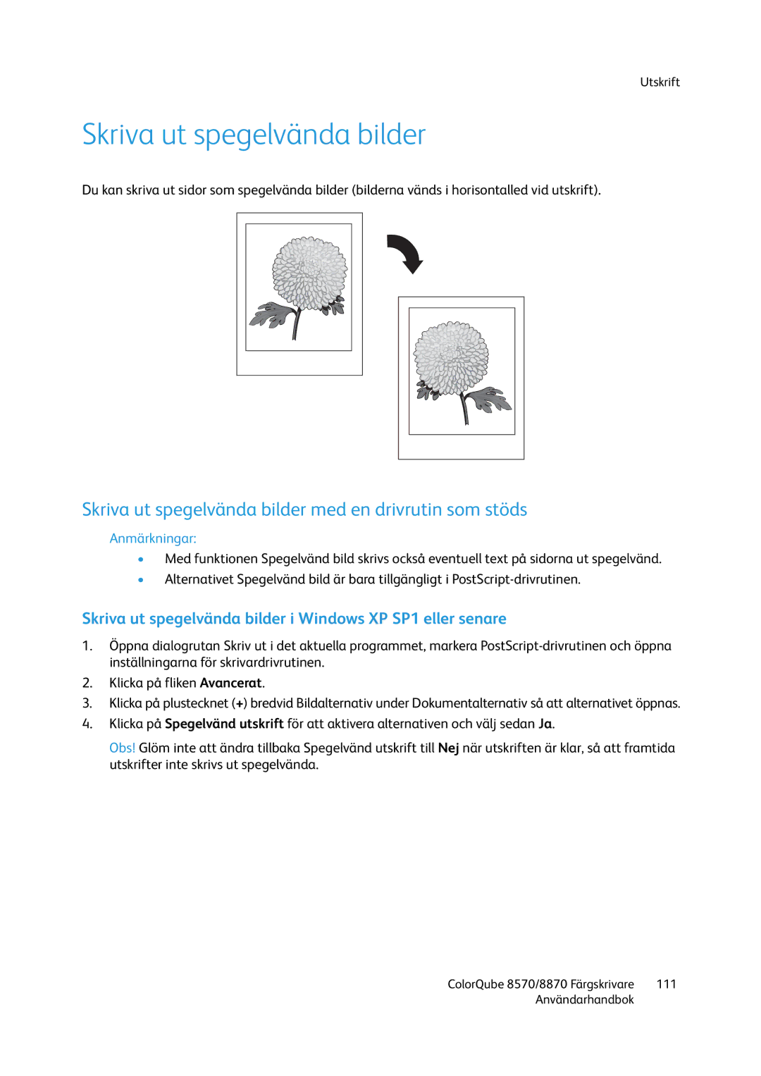 Xerox 8570 / 8870 manual Skriva ut spegelvända bilder med en drivrutin som stöds 