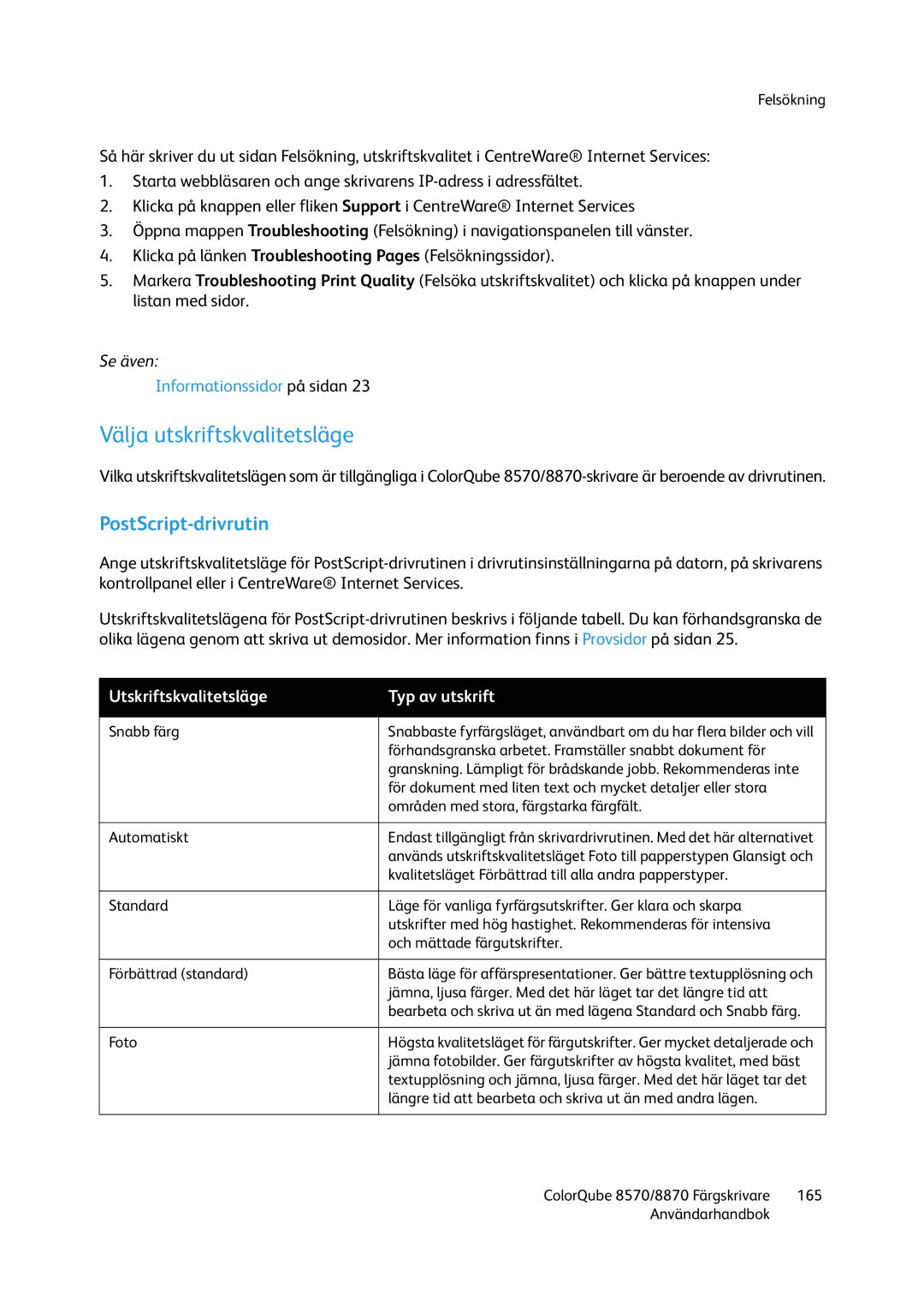 Xerox 8570 / 8870 manual Välja utskriftskvalitetsläge, PostScript-drivrutin, Utskriftskvalitetsläge Typ av utskrift 