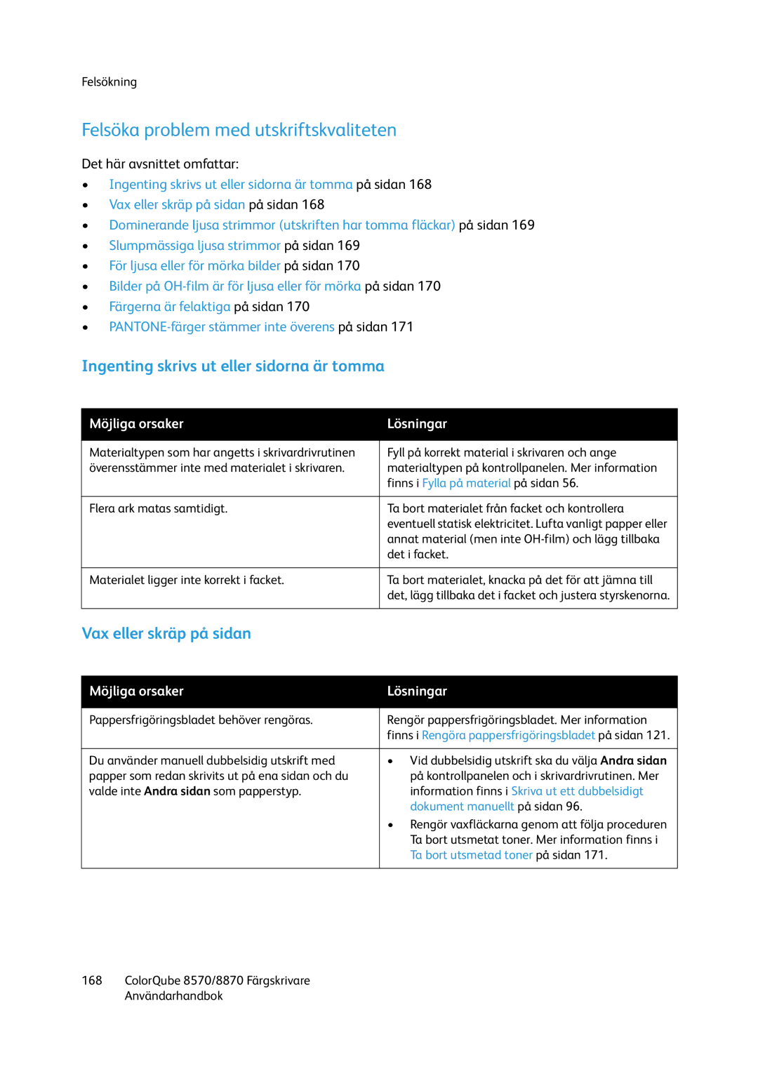 Xerox 8570 / 8870 manual Felsöka problem med utskriftskvaliteten, Ingenting skrivs ut eller sidorna är tomma 