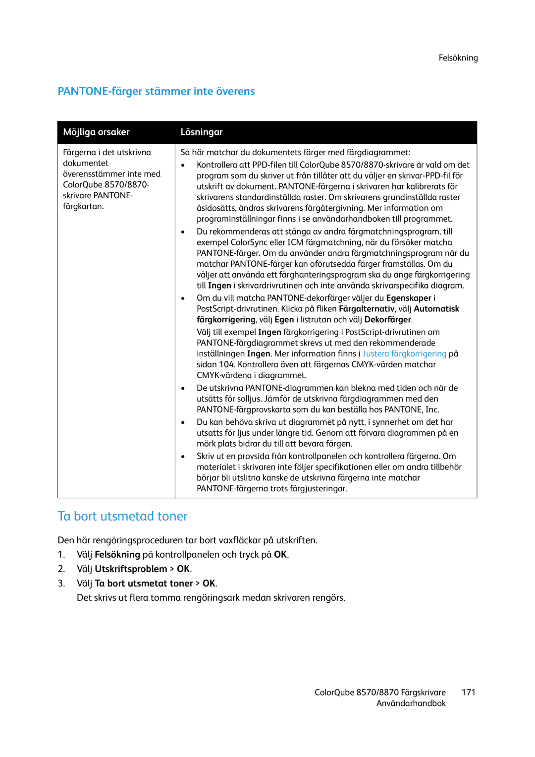 Xerox 8570 / 8870 manual Ta bort utsmetad toner, PANTONE-färger stämmer inte överens 