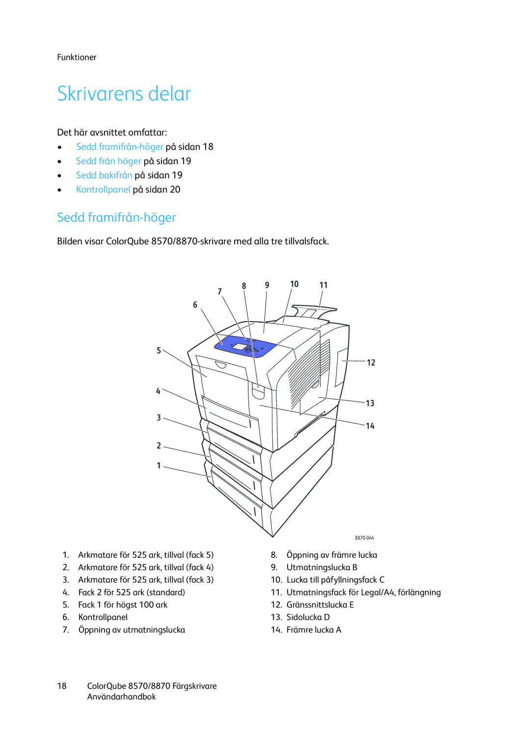 Xerox 8570 / 8870 manual Skrivarens delar, Sedd framifrån-höger 