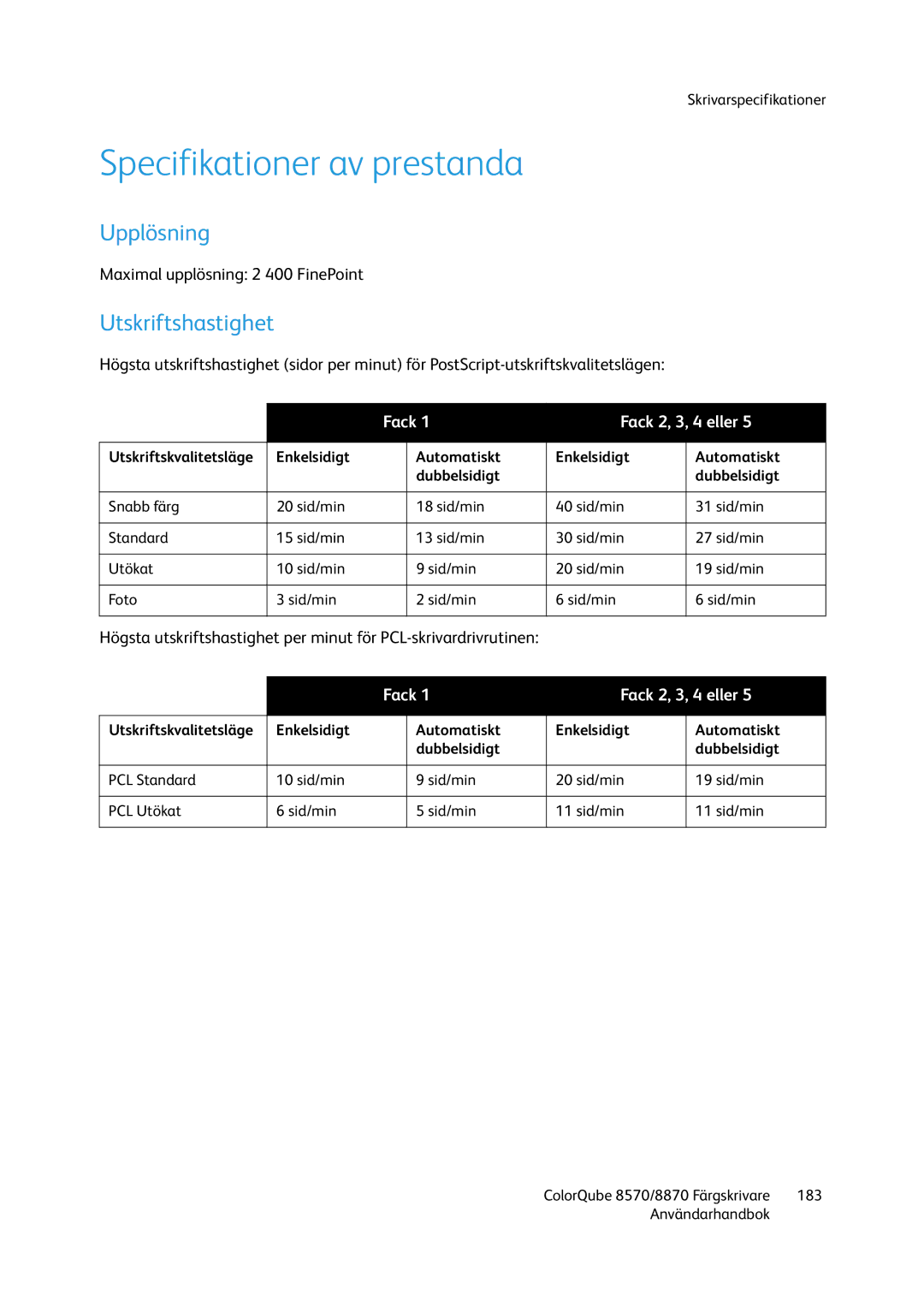 Xerox 8570 / 8870 manual Specifikationer av prestanda, Upplösning, Utskriftshastighet, Fack Fack 2, 3, 4 eller 